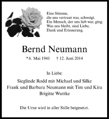 Todesanzeige von Bernd Neumann von Westfälische Nachrichten