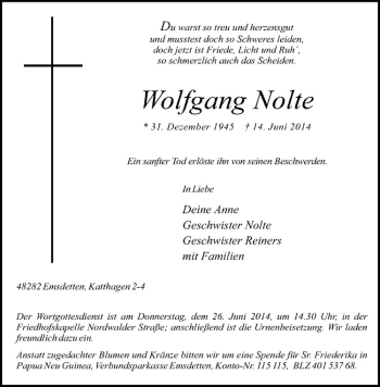 Todesanzeige von Wolfgang Nolte von Westfälische Nachrichten