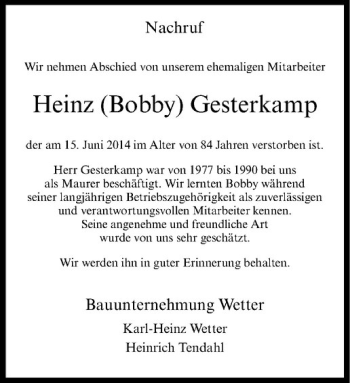 Todesanzeige von Heinz Gesterkamp von Westfälische Nachrichten
