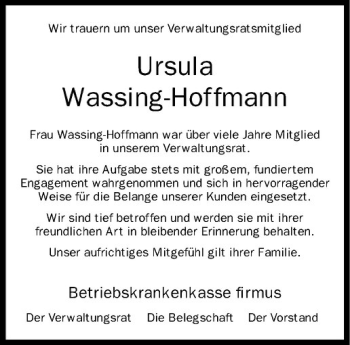 Todesanzeige von Ursula Wassing-Hoffmann von Westfälische Nachrichten