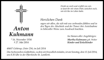 Todesanzeige von Anton Kuhmann von Westfälische Nachrichten