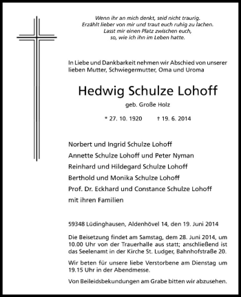Todesanzeige von Hedwig Schulze Lohoff von Westfälische Nachrichten