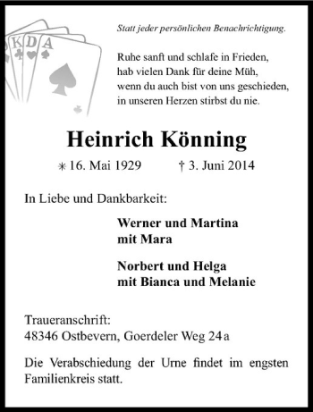 Todesanzeige von Heinrich Könning von Westfälische Nachrichten