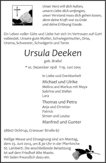 Todesanzeige von Ursula Deeken von Westfälische Nachrichten