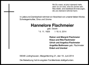 Todesanzeige von Hannelore Flachmeier von Westfälische Nachrichten