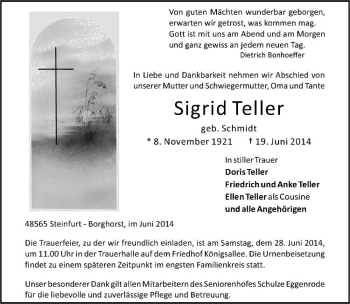 Todesanzeige von Sigrid Teller von Westfälische Nachrichten