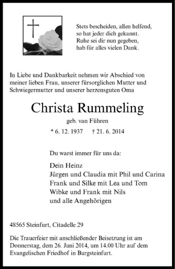 Todesanzeige von Christa Rummeling von Westfälische Nachrichten