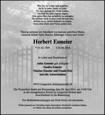 Todesanzeige von Herbert Esmeier von Westfälische Nachrichten