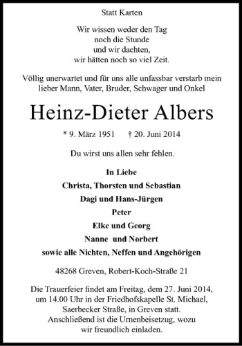 Todesanzeige von Heinz-Dieter Alberss von Westfälische Nachrichten