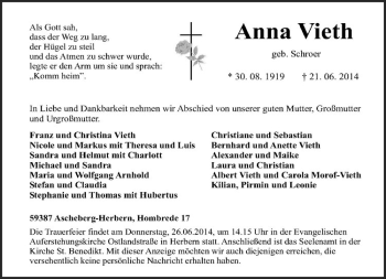 Todesanzeige von Anna Vieth von Westfälische Nachrichten