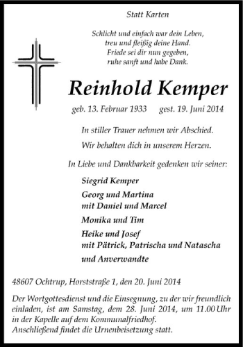 Todesanzeige von Reinhold Kemper von Westfälische Nachrichten