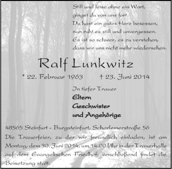 Todesanzeige von Ralf Lunkwitz von Westfälische Nachrichten