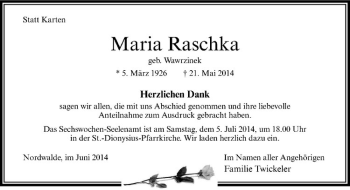 Todesanzeige von Maria Raschka von Westfälische Nachrichten