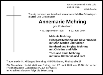 Todesanzeige von Annemarie Mehring von Westfälische Nachrichten