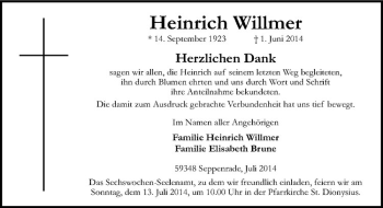 Todesanzeige von Heinrich Willmer von Westfälische Nachrichten