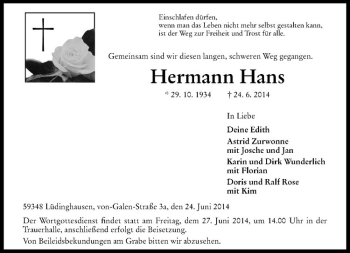 Todesanzeige von Hermann Hans von Westfälische Nachrichten