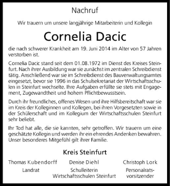 Todesanzeige von Cornelia Dacic von Westfälische Nachrichten