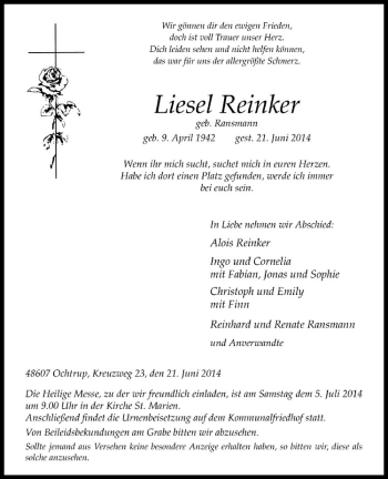 Todesanzeige von Liesel Reinker von Westfälische Nachrichten