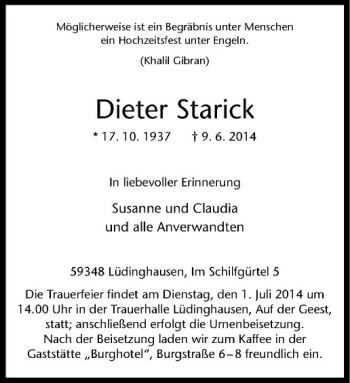 Todesanzeige von Dieter Starick von Westfälische Nachrichten