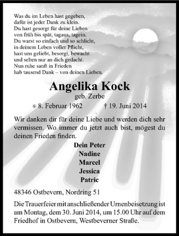 Todesanzeige von Angelika Kock von Westfälische Nachrichten