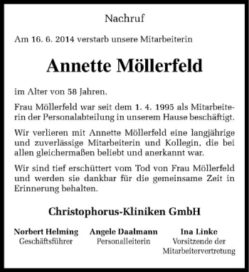 Todesanzeige von Annette Möllerfeld von Westfälische Nachrichten