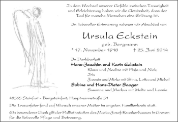 Todesanzeige von Ursula Eckstein von Westfälische Nachrichten