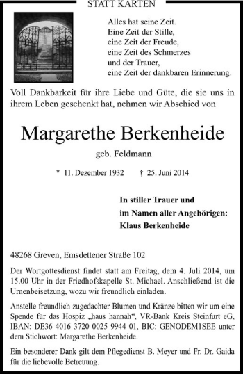 Todesanzeige von Margarethe Berkenheide von Westfälische Nachrichten