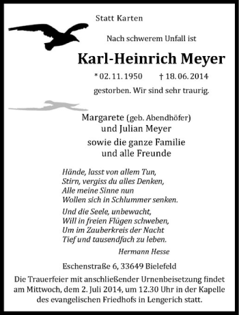 Todesanzeige von Karl-Heinrich Meyer von Westfälische Nachrichten