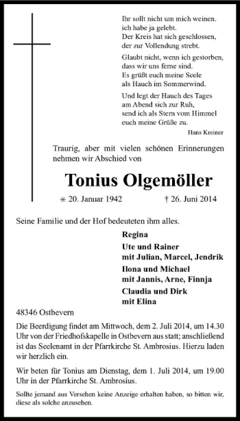 Todesanzeige von Tonius Olgemöller von Westfälische Nachrichten