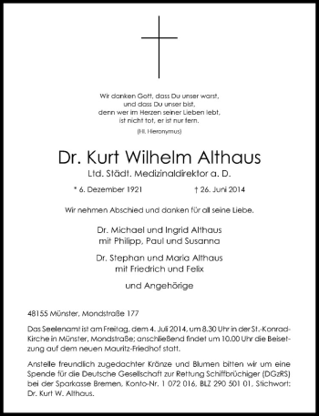 Todesanzeige von Kurt Wilhelm Althaus von Westfälische Nachrichten