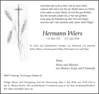 Todesanzeige von Hermann Wiers von Westfälische Nachrichten