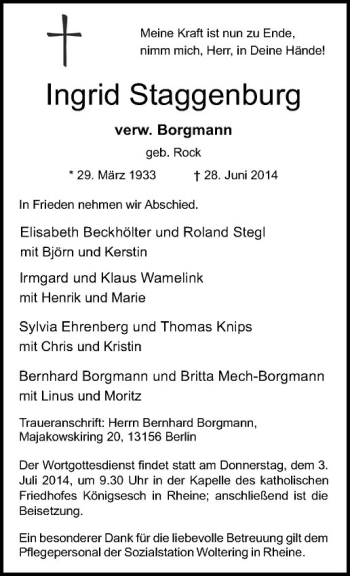 Todesanzeige von Ingrid Staggenburg von Westfälische Nachrichten