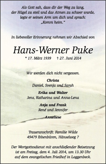 Todesanzeige von Hans-Werner Puke von Westfälische Nachrichten