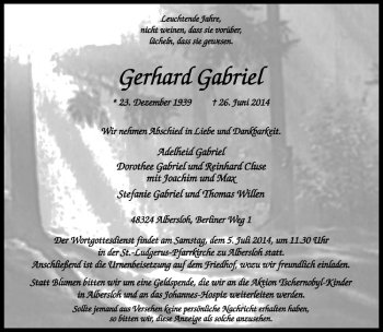 Todesanzeige von Gerhard Gabriel von Westfälische Nachrichten