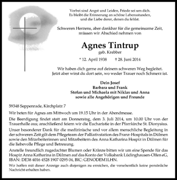 Todesanzeige von Agnes Tintrup von Westfälische Nachrichten
