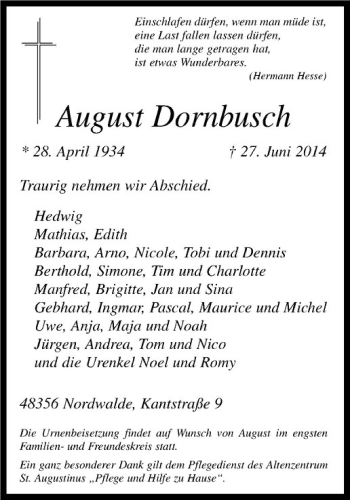 Todesanzeige von August Dornbusch von Westfälische Nachrichten
