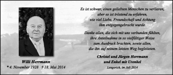 Todesanzeige von Willi Herrmann von Westfälische Nachrichten