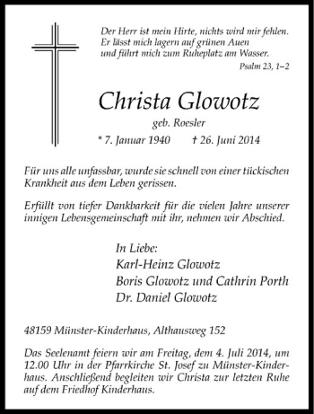 Todesanzeige von Christa Glowotz von Westfälische Nachrichten