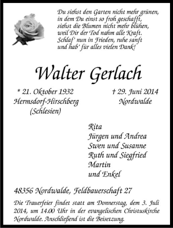 Todesanzeige von Walter Gerlach von Westfälische Nachrichten