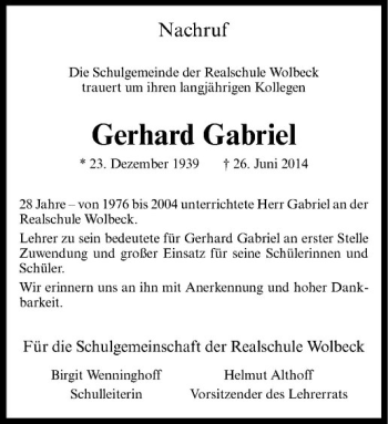 Todesanzeige von Gerhard Gabriel von Westfälische Nachrichten