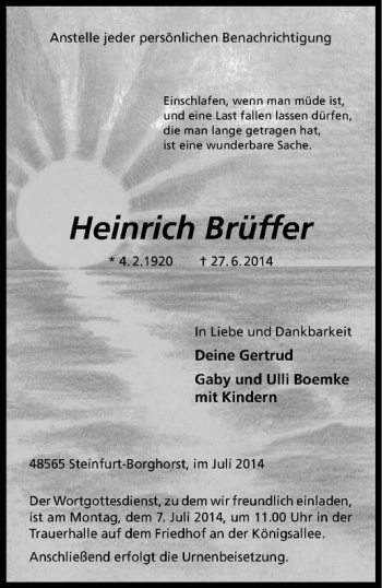 Todesanzeige von Heinrich Brüffer von Westfälische Nachrichten