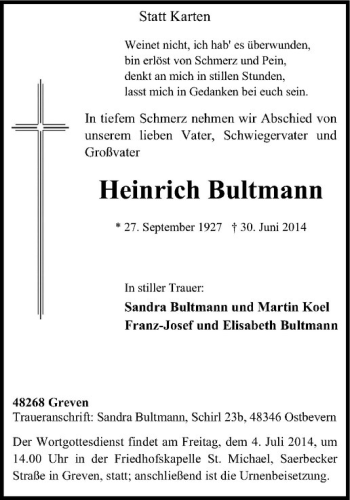 Todesanzeige von Heinrich Bultmann von Westfälische Nachrichten
