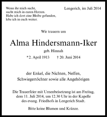 Todesanzeige von Alma Hindersmann-Iker von Westfälische Nachrichten