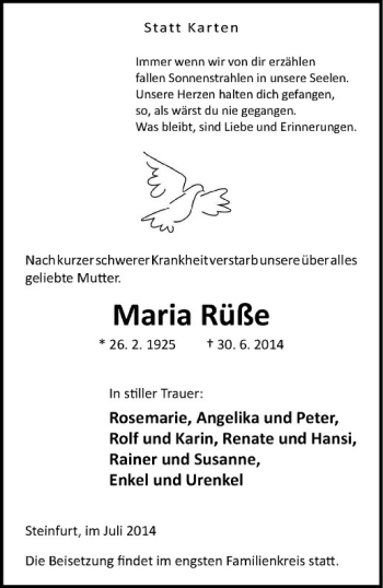 Todesanzeige von Maria Rüße von Westfälische Nachrichten