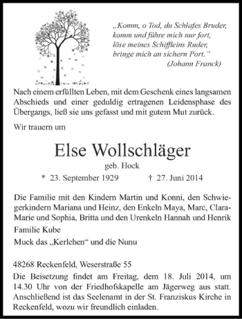 Todesanzeige von Else Wollschläger von Westfälische Nachrichten