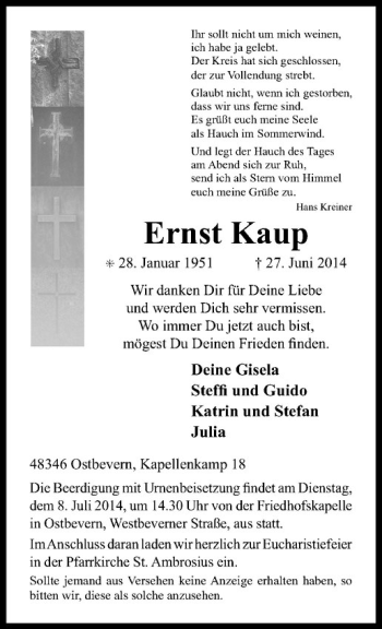 Todesanzeige von Ernst Kaup von Westfälische Nachrichten