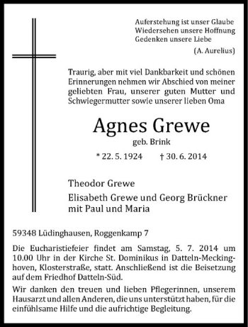 Todesanzeige von Agnes Grewe von Westfälische Nachrichten