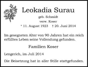 Todesanzeige von Leokadia Surau von Westfälische Nachrichten