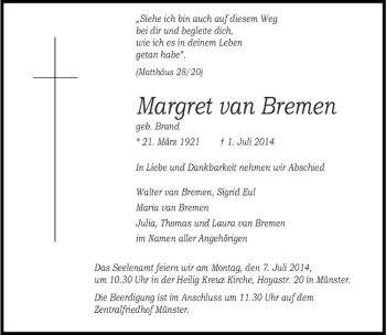 Todesanzeige von Margret van Bremen von Westfälische Nachrichten