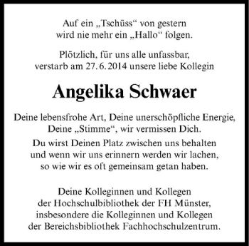 Todesanzeige von Angelika Schwaer von Westfälische Nachrichten